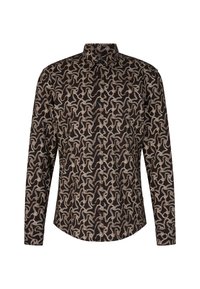 Camicia a maniche lunghe in tessuto nero con un motivo beige vorticoso, colletto button-down e bottoni frontali.