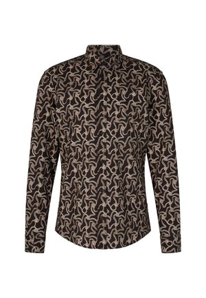 Camicia a maniche lunghe in tessuto nero con un motivo beige vorticoso, colletto button-down e bottoni frontali.