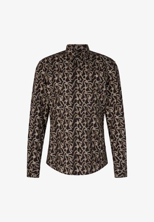 Camicia a maniche lunghe in tessuto nero con un motivo beige vorticoso, colletto button-down e bottoni frontali.