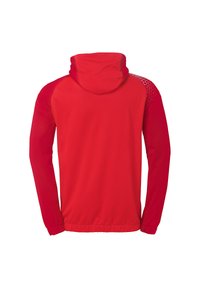 Rød atletisk jakke med hætte, lange ærmer, elastisk talje og netdetaljer på den øverste ryg og ærmerne. Glat materiale finish.