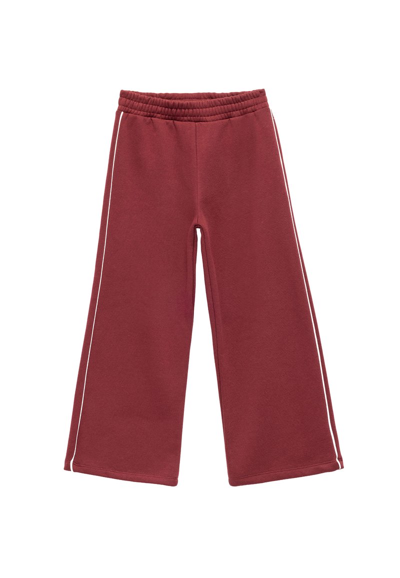Bordeaux brede sweatpants med elastisk talje og hvide sidelommer. Fremstillet af blødt stof med en glat tekstur.