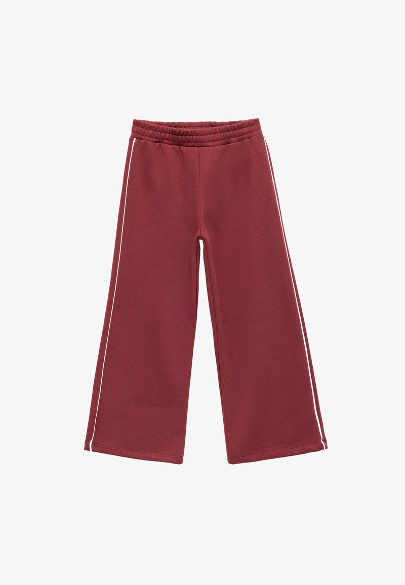 Maroon wide-leg sweatpants with an elastic waistband and white side stripes. Made from soft fabric with a smooth texture.