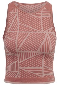 Linnekortärmad topp i dammig rosenfärg med ett geometriskt mönster av linjer. Tillverkad av textil med struktur, rund halsringning och figurnära design.