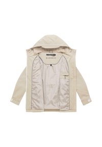 Bēšas krāsas jaka ar kapuci un atvērtu priekšu, kas atklāj gludu, zīda tīklam līdzīgu oderējumu, mazu iekšējo kabatu ar rāvējslēdzēju un regulējamām aprocēm ar Velcro siksnām.