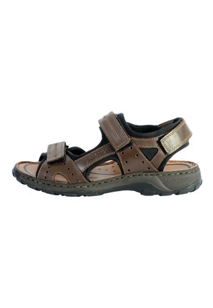 Sandale marron avec des brides Velcro, design à bout ouvert, perforations pour la respirabilité, semelle texturée et matériaux durables.