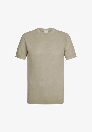 Beżowy dzianinowy t-shirt z krótkimi rękawami, okrągłym dekoltem i teksturowaną tkaniną. Prosty fason, bez wzorów i elementów ozdobnych.