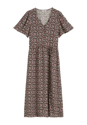 Braunes Midikleid mit rosa, blauen und weißen Blumenmuster, kurzen Rüschenärmeln, Knöpfen vorne und einem gebundenen Taillengürtel.