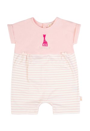 Pagliaccetto rosa a maniche corte per bambini con righe rosa e bianche, piccoli fiocchi in vita e giraffa rosa ricamata sul petto.