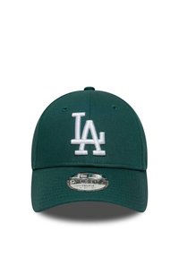 Grüne Baseballkappe aus Baumwollmischung mit strukturiertem Design. Mit weißem, besticktem "LA"-Logo auf der Vorderseite und verstellbarem Rückriemen.