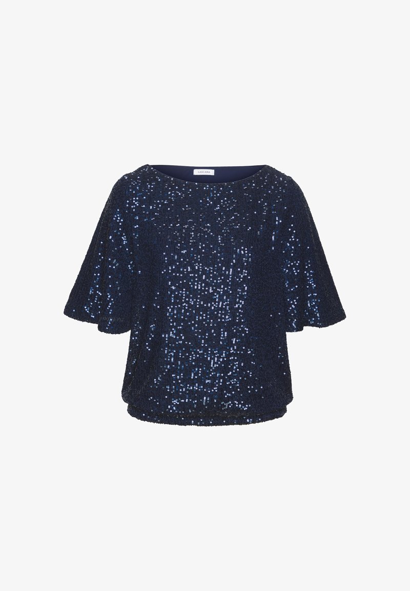 Top blu navy con maniche a farfalla corte, ricoperto di paillettes, caratterizzato da un collo tondo e una finitura testurizzata per un effetto scintillante.