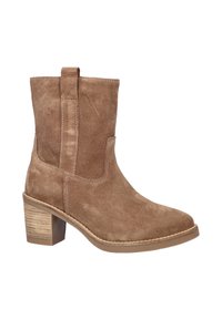 Brown suede ankle boot with a stacked heel, solid side panels, and a rounded toe. Stitching detail along the edges enhances the design.