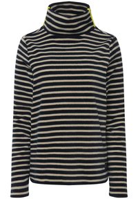 Col roulé en polaire rayé bleu marine et crème, avec un col haut et un accent jaune. Texture douce, manches longues, coupe décontractée.