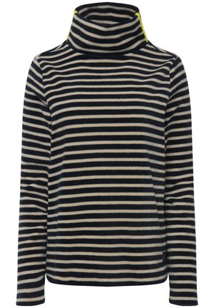 Maglione a collo alto in pile a righe nei colori blu navy e crema, con un alto colletto accentato in giallo. Tessuto morbido, maniche lunghe, vestibilità rilassata.