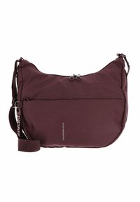 Sacoche marron à bandoulière avec sangle réglable, fermeture à double zip sur le dessus, poche avant et logo "Mandarina Duck" à l'avant.