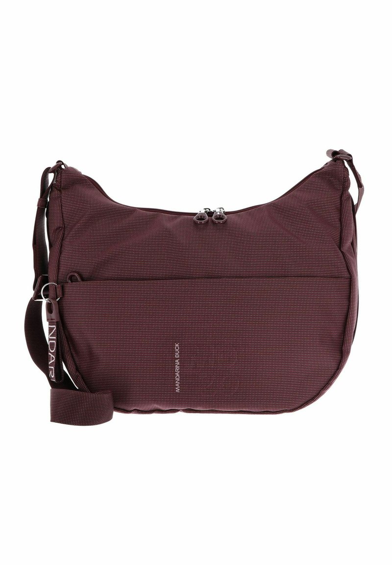 Sacoche marron à bandoulière avec sangle réglable, fermeture à double zip sur le dessus, poche avant et logo "Mandarina Duck" à l'avant.