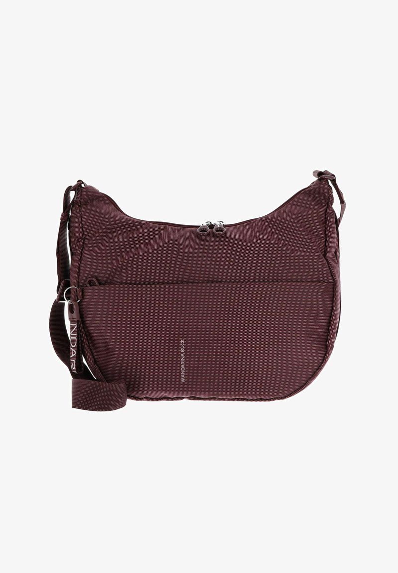 Sacoche marron à bandoulière avec sangle réglable, fermeture à double zip sur le dessus, poche avant et logo "Mandarina Duck" à l'avant.