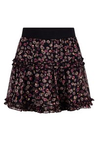 Zwarte bloemenrok met gelaagde ruffles, voorzien van een brede elastische tailleband. Bedrukt met roze en gouden bloemen op een doorzichtige stof.