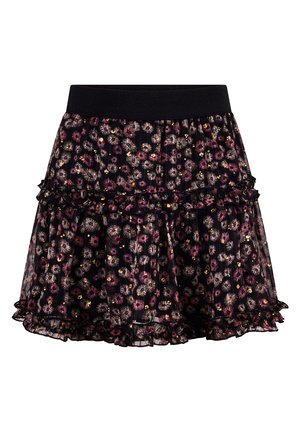 Schwarzer Blumenkleid mit geschichteten Rüschen und einem breiten, elastischen Bund. Bedruckt mit rosa und goldenen Blumen auf einem transparenten Stoff.
