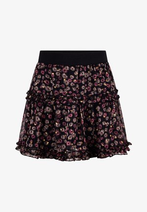 Zwarte bloemenrok met gelaagde ruffles, voorzien van een brede elastische tailleband. Bedrukt met roze en gouden bloemen op een doorzichtige stof.