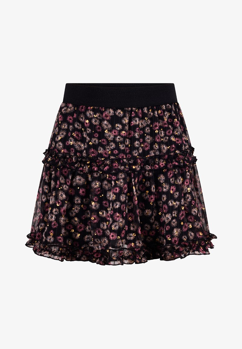 Gonna nera floreale con strati di rouches, caratterizzata da una ampia vita elastica. Stampa di fiori rosa e oro su un tessuto trasparente.