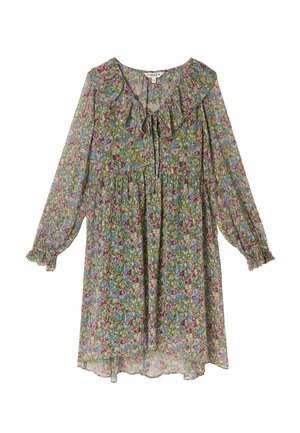Bloemenjurk met lange mouwen, geplooide taille en een strik bij de halslijn. Heeft een groene achtergrond met roze en blauwe bloemen.