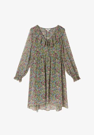 Kvetinové šaty s dlhými rukávmi, zošitým živôtikom a šnúrkou na krku. Majú zelené pozadie s ružovými a modrými kvetmi.