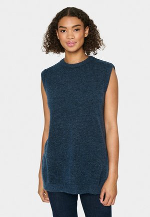 Ärmelloses navyblaues Stricktop mit Rundhalsausschnitt, lockerer Passform und strukturiertem Finish. Der Saum ist an den Seiten etwas länger.