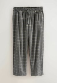 Gray and black plaid loose-fit pants with elastic waistband and drawstring, laid flat on a plain light background.