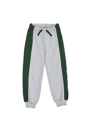 Børnesweatpants i lysegrå med mørkegrønne sidelommer, elastisk linning med snore og elastiske manchetter ved anklerne.