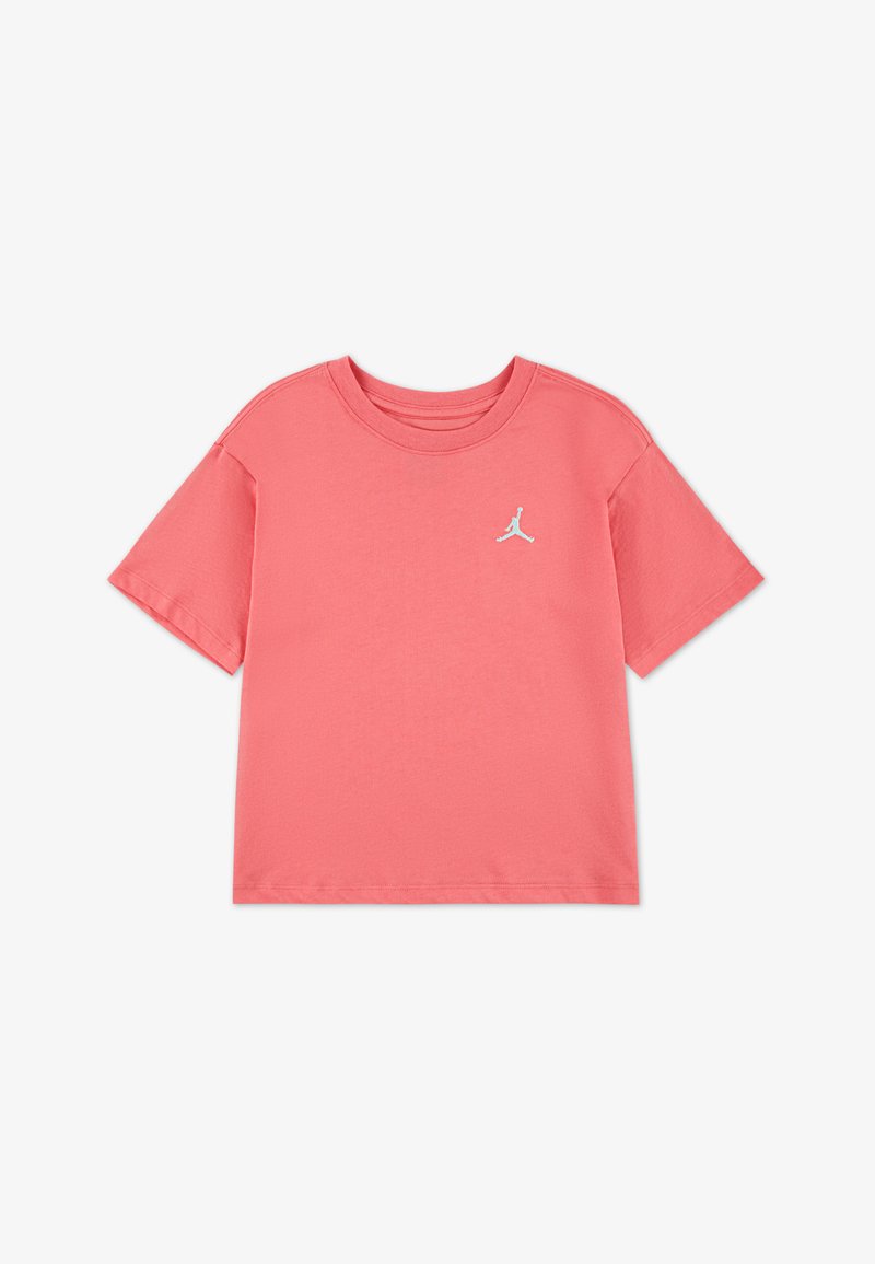 Κοντό μανίκι μπλούζα T-shirt σε φωτεινό κοραλί βαμβάκι με στρογγυλή λαιμόκοψη και ανοιχτό μπλε λογότυπο Jordan στο αριστερό στήθος.