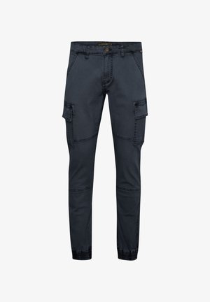 Cargo pants in dark grey, featuring multiple side pockets, elastic cuffs, and a smooth denim texture with contrast stitching.