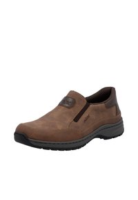 Braune Leder-Schlupfschuhe mit strukturiertem Finish, elastischen Seitenteilen und gepolsterter Sohle. Mit kleinem Logo an der Seite.