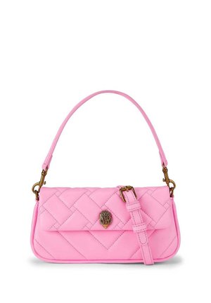 Pink quilted handbag with short strap, adjustable buckle detail, and gold-toned decorative emblem on front flap.