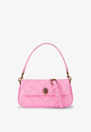 Pink quilted handbag with short strap, adjustable buckle detail, and gold-toned decorative emblem on front flap.