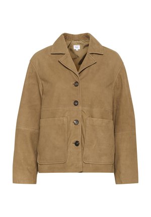 Braune Wildlederjacke mit Kragen, fünf vorderen Knöpfen und zwei großen Fronttaschen. Glatte Textur mit dezenten Nähten.