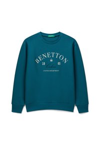 Tyrkysová mikina s kulatým výstřihem, na které je vpředu vytištěno "Benetton 1965 Colors United Department" v bílé a černé barvě, dlouhé rukávy a žebrované manžety.
