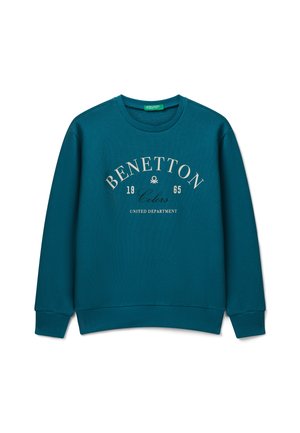 Felpa girocollo color turchese con la scritta "Benetton 1965 Colors United Department" stampata in bianco e nero sul davanti, maniche lunghe e polsini a costine.