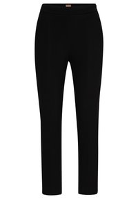 Mustat, joustavat kangashousut, joissa on sileä pinta, laaja vyötärönauha ja suora lahjetyyli, jotka tarjoavat istuvan siluetin.