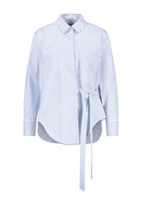 Camicia a maniche lunghe blu e bianca a righe con colletto button-down, orlo curvo e dettaglio a cravatta di lato. Realizzata in tessuto leggero.