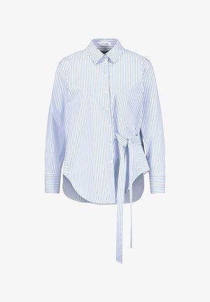 Blau-weiß gestreiftes Langarmhemd mit Button-Down-Kragen, abgerundetem Saum und einer Schleifendetail seitlich. Hergestellt aus leichtem Stoff.