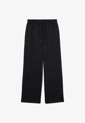 Pantalones de chándal negros hechos de una tela suave, con un diseño de pierna ancha, cintura con cordón y un sutil patrón de purpurina.