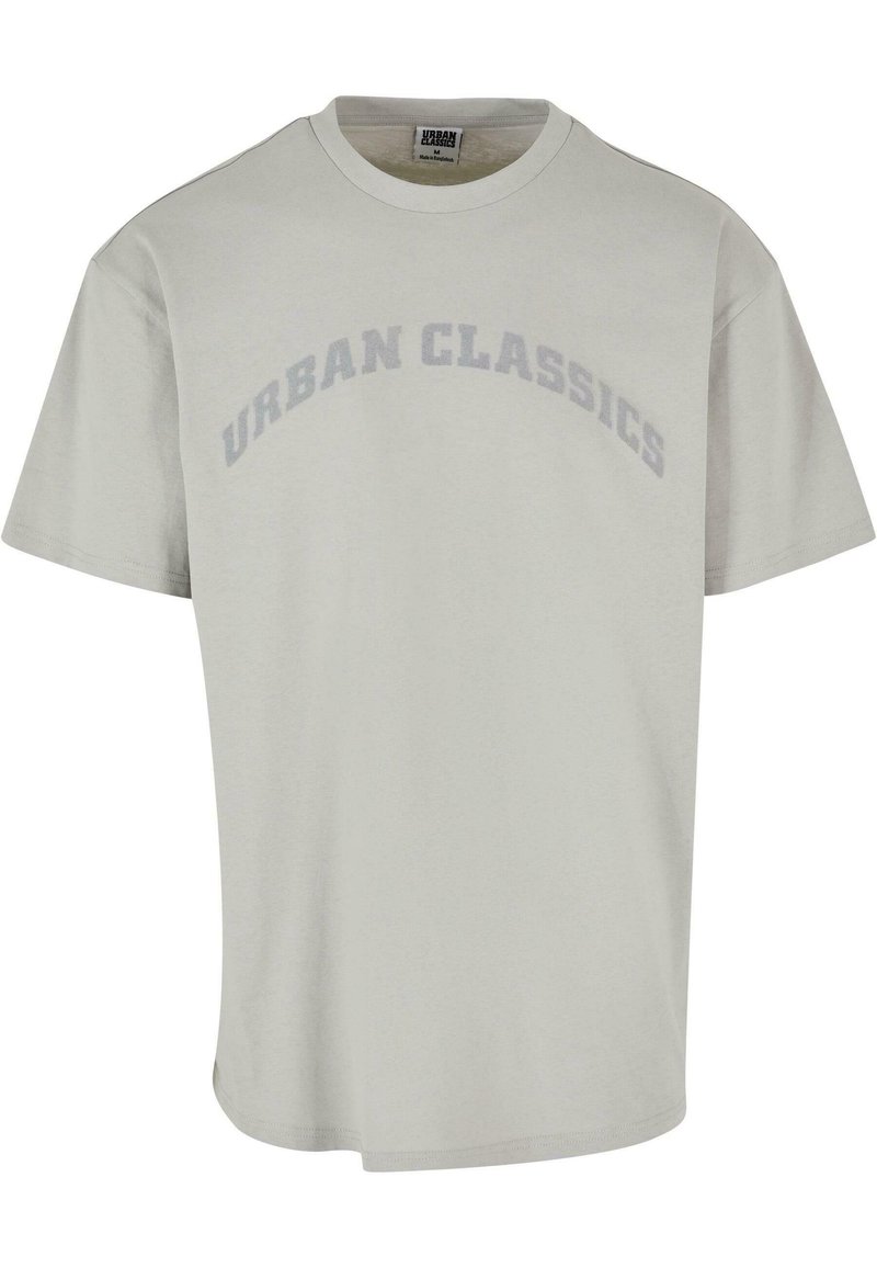 Šviesiai pilkas trumpomis rankovėmis marškinėliai, pagaminti iš minkštos medžiagos, su išlenktu tamsesniu "URBAN CLASSICS" tekstu krūtinėje.