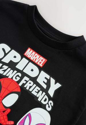 Sort bomulds sweatshirt med et grafisk design, der viser "MARVEL" logoet og teksten "SPIDEY AMAZING FRIENDS", fremhævede figurer i rød og hvid.