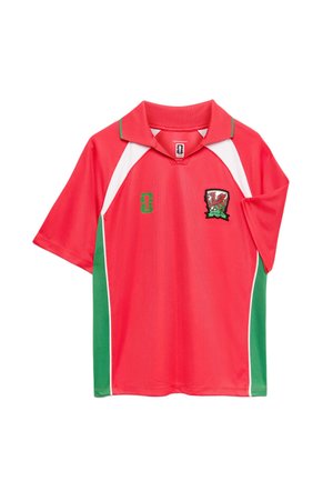 Rød sportsjersey med grønne og hvide accenter, korte ærmer, krave og en drage-logo på brystet.