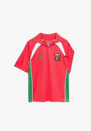 Rød sportsjersey med grønne og hvide accenter, korte ærmer, krave og en drage-logo på brystet.