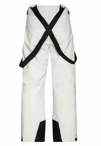 Witte broek met zwarte accenten, brede pijpen en verstelbare zwarte schouderbanden. De stof lijkt glad en heeft een duurzaam en functioneel ontwerp.