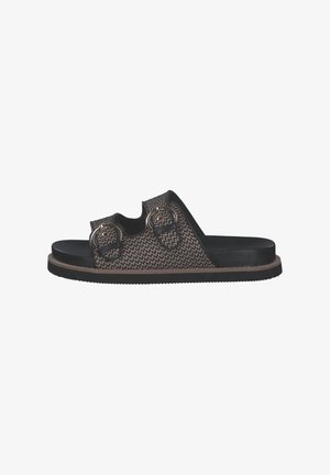 Black and brown woven slide sandal with two adjustable buckles, a flat sole, and a textured upper for added grip.