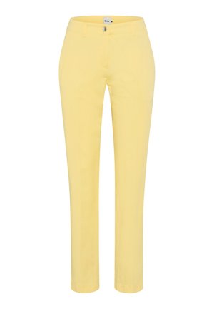 Pantalon jaune à jambes droites avec fermeture à boutons et fermeture éclair à l'avant, doté de passants de ceinture et d'une ceinture lisse.