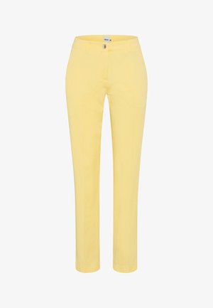 Pantalon jaune à jambes droites avec fermeture à boutons et fermeture éclair à l'avant, doté de passants de ceinture et d'une ceinture lisse.