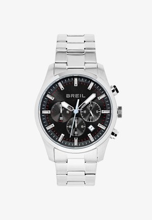 Zilveren roestvrijstalen horloge met een zwarte wijzerplaat, drie sub-dials en rode accenten. Beschikt over een datumvenster en een textuurband.
